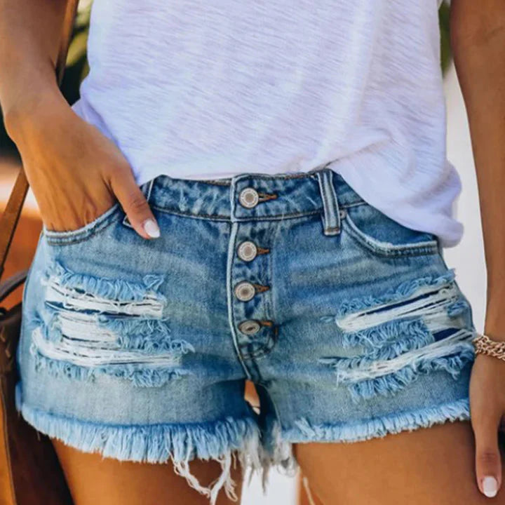 Tracy – Short en Jean Taille Haute Délavé avec Franges et Effet Déchiré