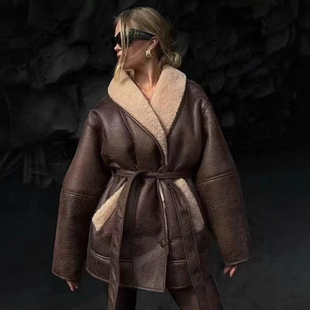 Manteau Cuir et Fourrure Bordeaux