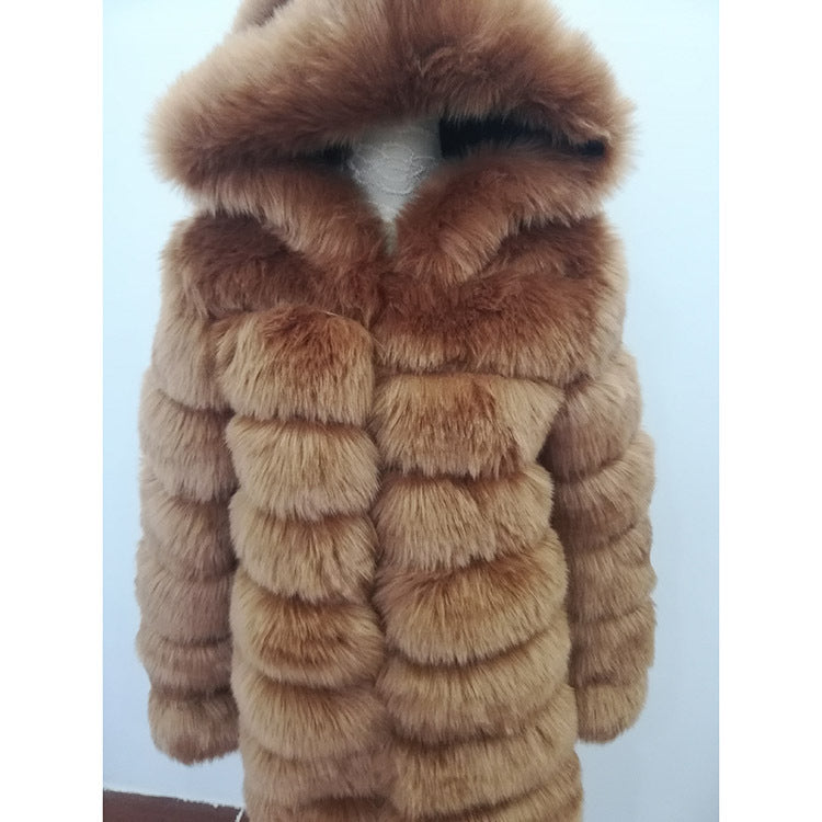 Manteau Long Élégant à Capuche en Fourrure Premium